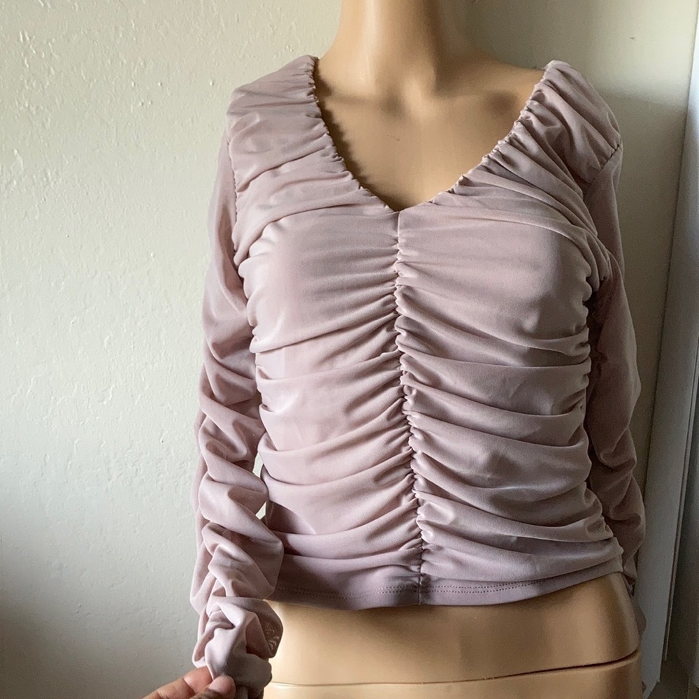 ❤️Stella Luce Dusty Mauve Sheer Ruched Long Sleeve Blouse (M)